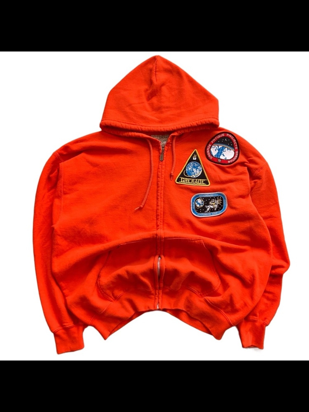 VTG 00s Grenade Space Themed Patches Zip Up Hoodie XL Orange Y2K Skate Grunge